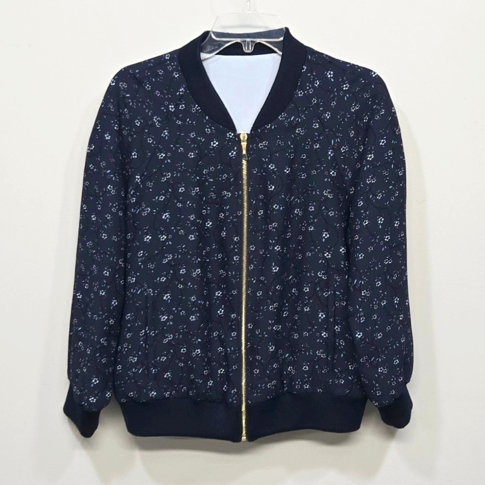Kate Spade Reversible Bomber Jacket Medium Blue Ditsy Floral Full‎ Zip Cottage